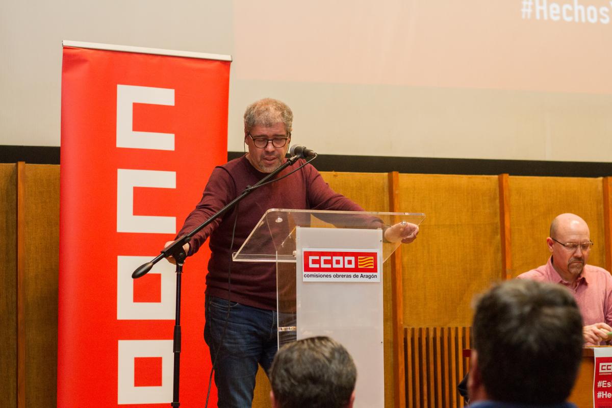 Asamblea de Unai Sordo, secretario general de CCOO, en Zaragoza 14 de febrero de 2019.
